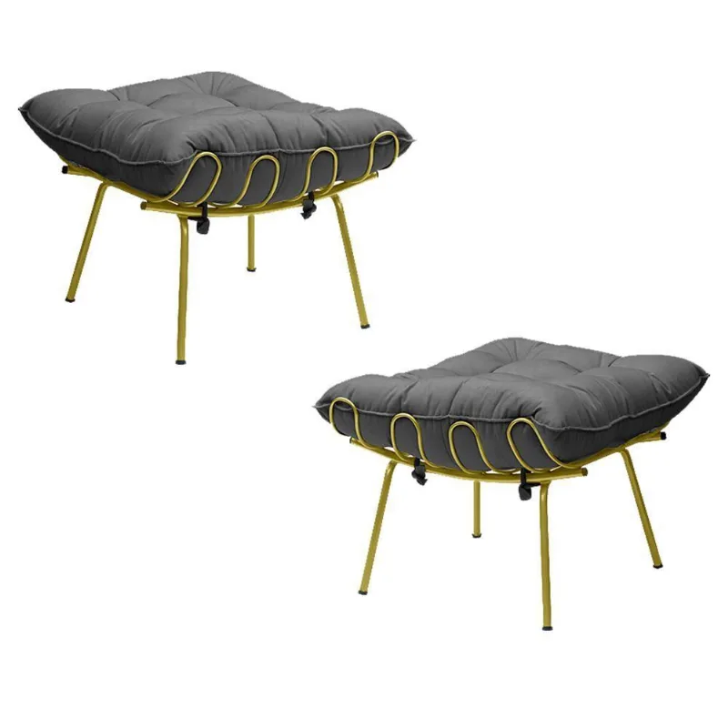Kit 2 Puff Decorativo Sala De Estar Abel Pés Dourado Suede Cinza