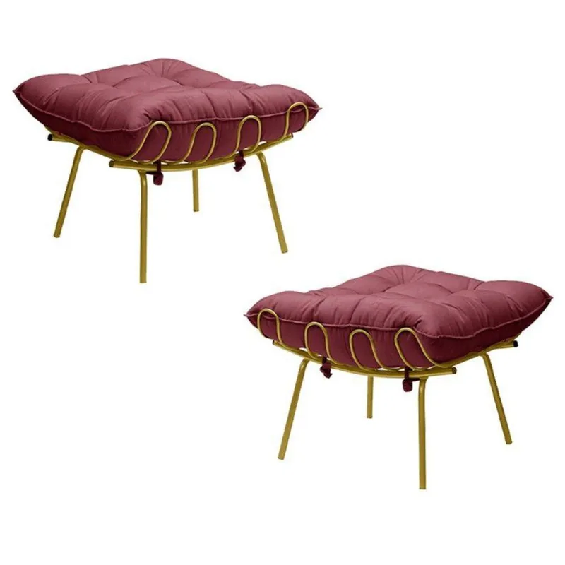 Kit 2 Puff Sala de Estar Abel Pés Dourado Suede Bordô