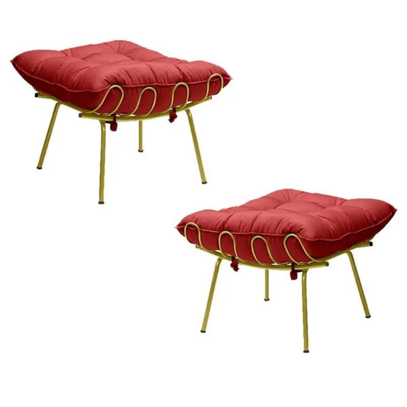 Kit 2 Puff Sala de Estar Abel Pés Dourado Suede Vermelho