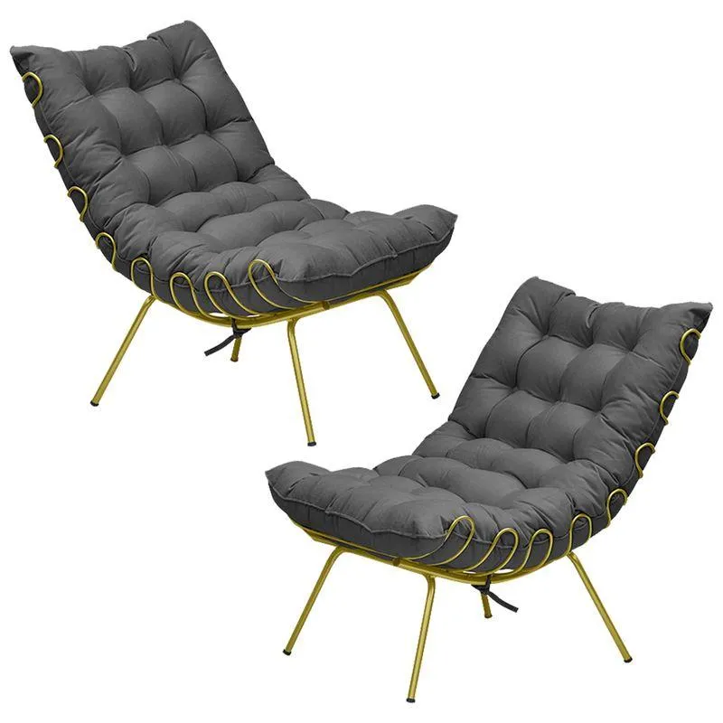Kit 2 Poltronas Sala Abel Base De Ferro Dourada Suede Cinza