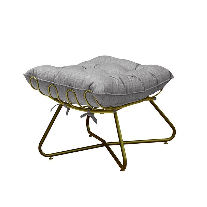 Puff Sala De Estar Caim Base De Metal Dourado Linho Cinza Claro