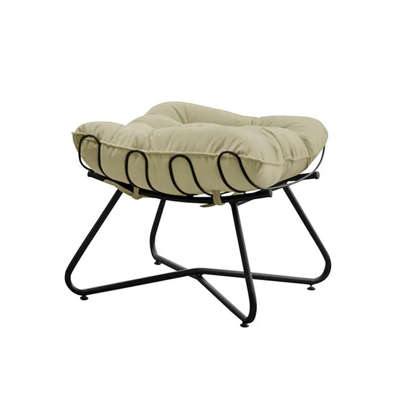 Puff Decorativo Sala De Estar Caim Base De Metal Preto Veludo Bege - Gran Belo