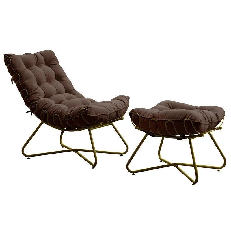 Poltrona E Puff Caim Base De Metal Dourado Suede Marrom