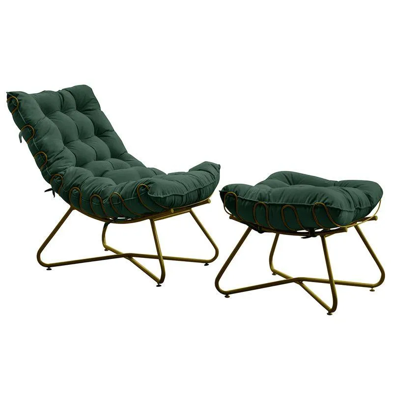 Poltrona E Puff Caim Base De Metal Dourado Suede Verde