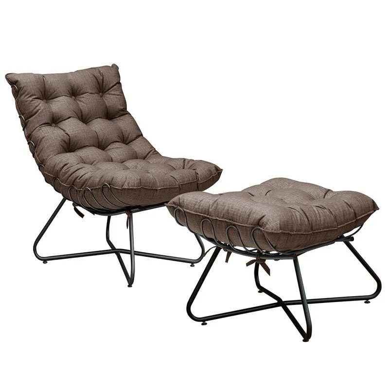 Conjunto Poltrona E Puff Base De Metal Preto Linho Marrom