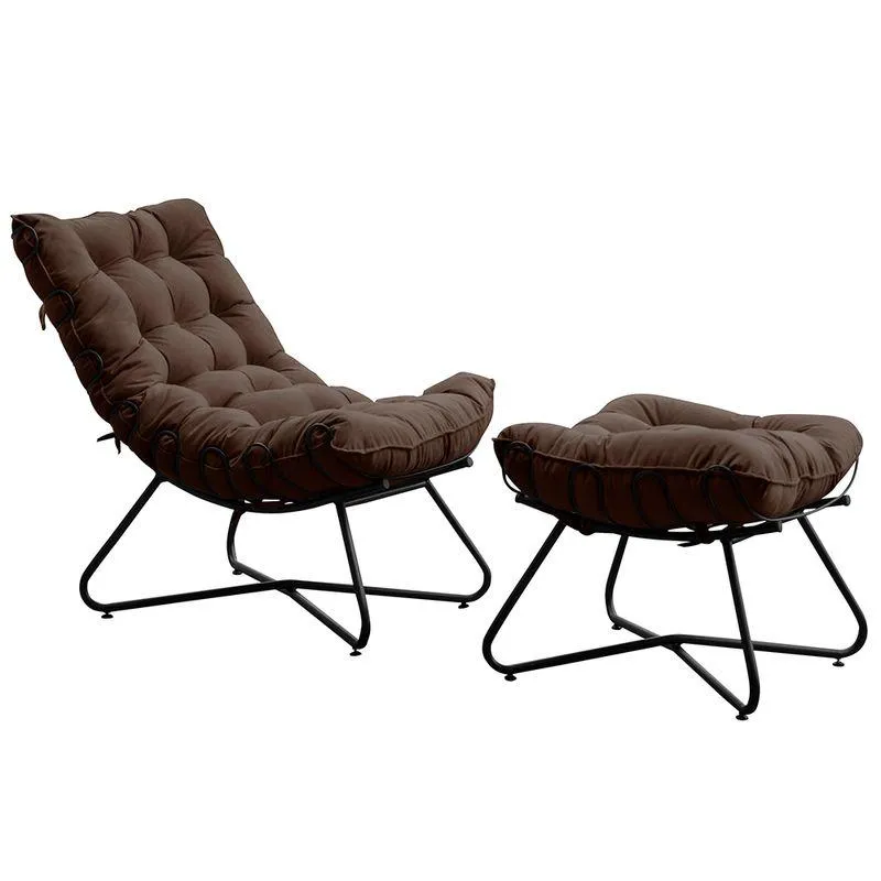 Poltrona E Puff Caim Base De Metal Preto Suede Marrom