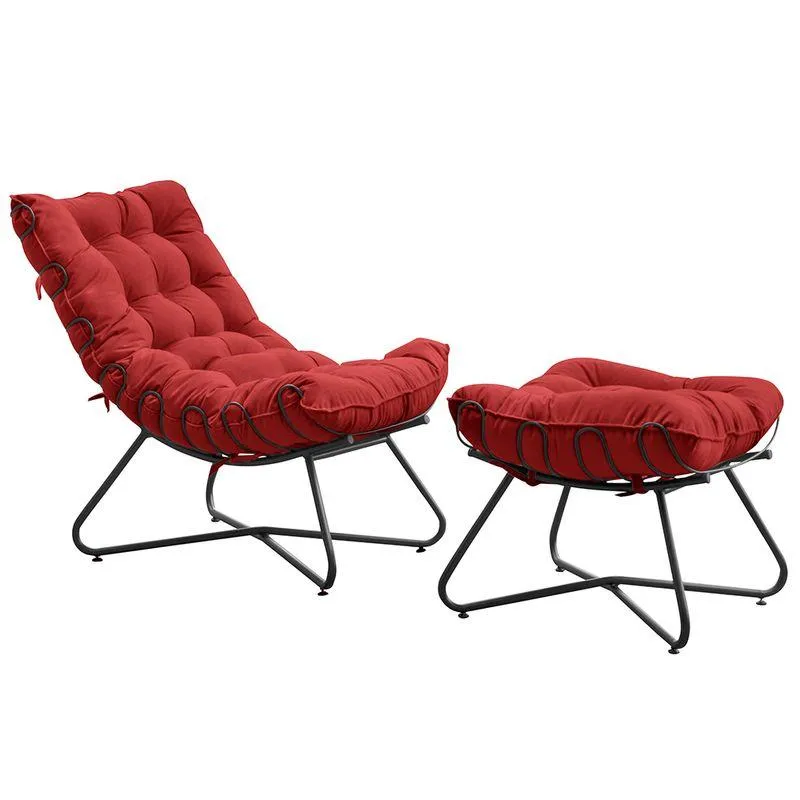 Poltrona E Puff Caim Base De Metal Preto Suede Vermelho