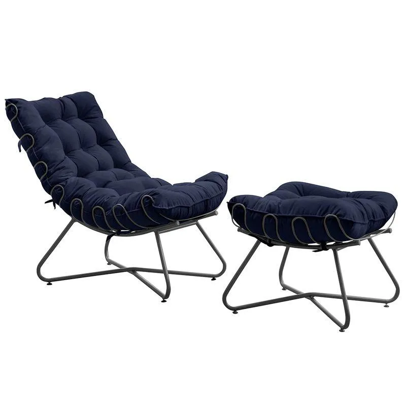 Poltrona E Puff Caim Base De Metal Preto Veludo Azul