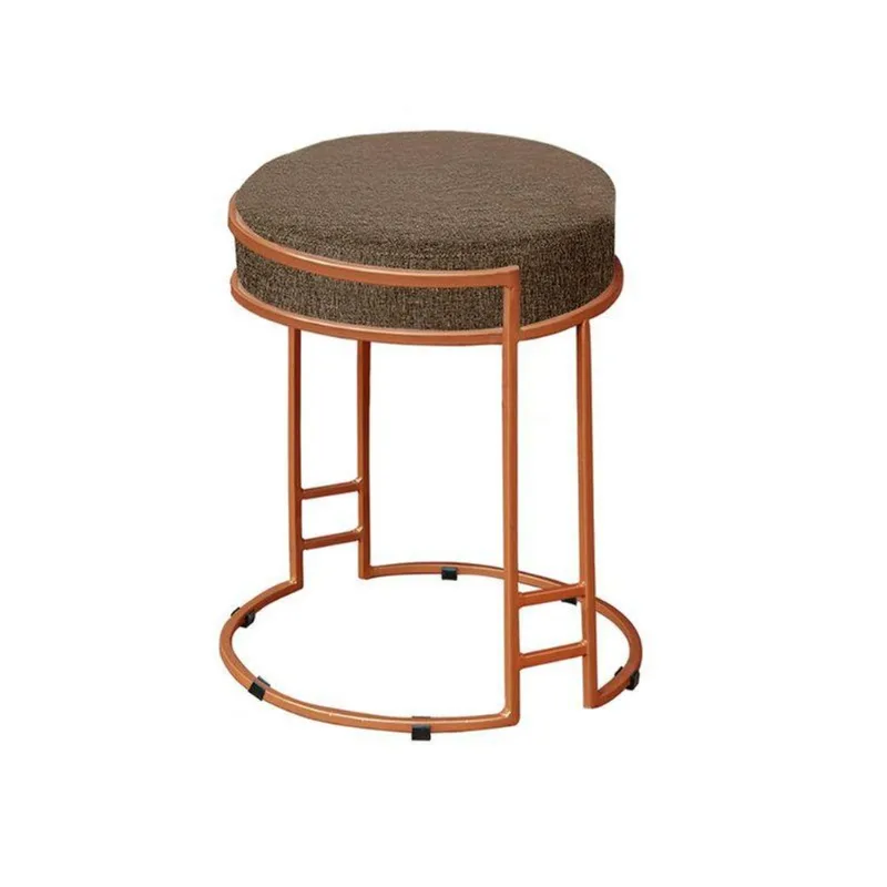 Puff Redondo Sakura Base Metal Bronze Linho Marrom