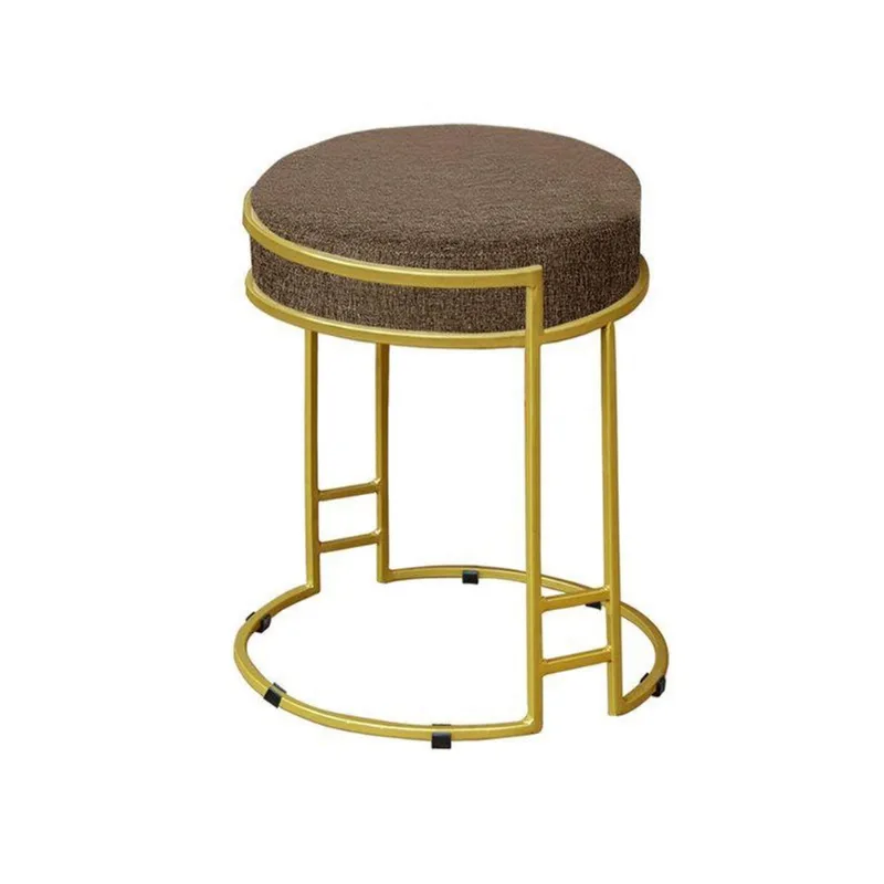 Puff Redondo Sakura Base Metal Dourado Linho Marrom