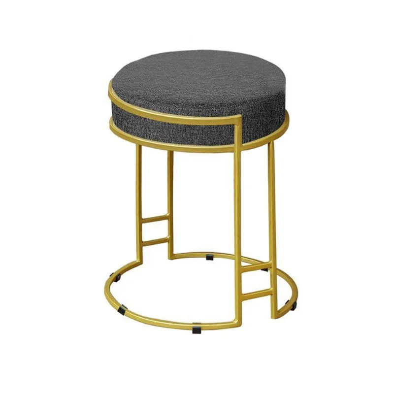 Puff Redondo Sakura Base Metal Dourado Linho Grafite