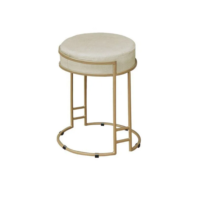 Puff Redondo Sakura Base Metal Dourado Veludo Bege