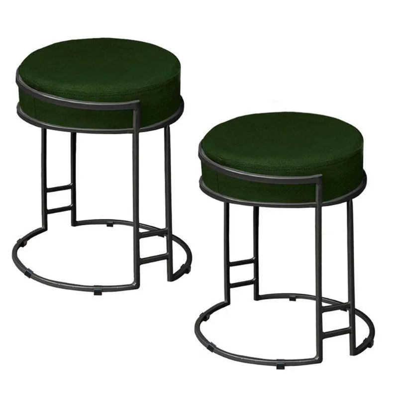 Kit 2 Puffs Redondo Sakura Base Metal Preto Suede Verde