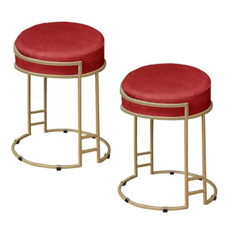 2 Puffs Redondo Sakura Base Metal Dourado Veludo Vermelho