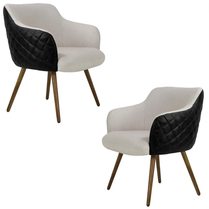 Kit 2 Poltronas Decorativas Kitana Pés Palito Couro/Linho Preto/Areia - Gran Belo