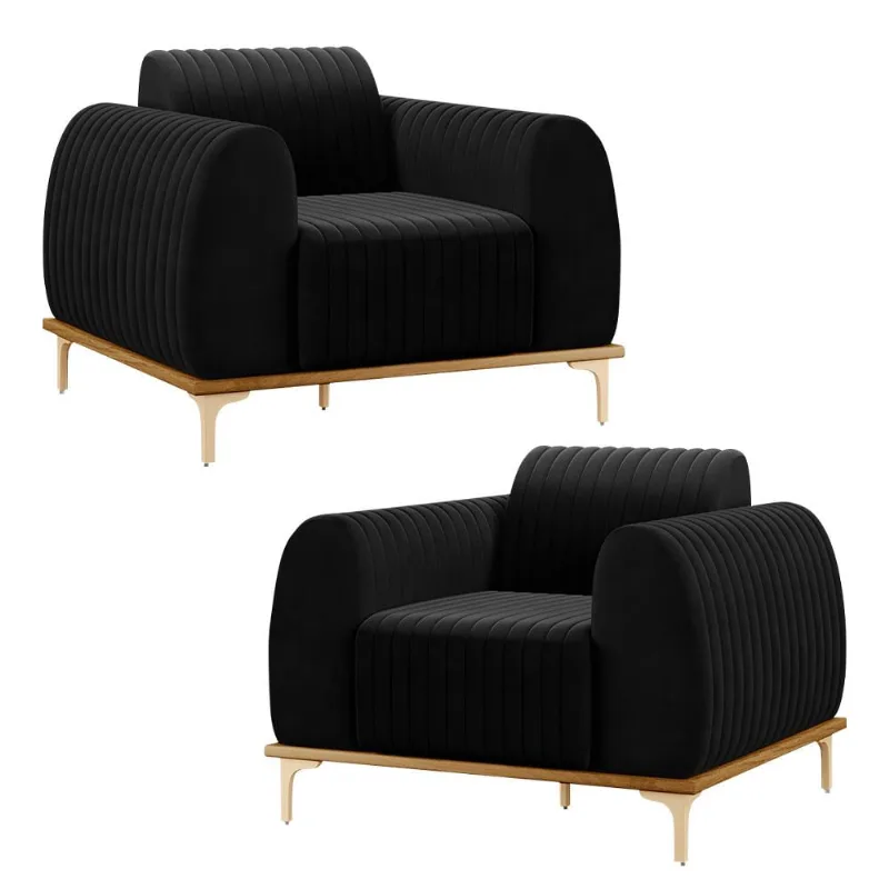 Kit 2 Poltronas Decorativas Sala de Estar Base de Madeira Euro Veludo Preto - Gran Belo