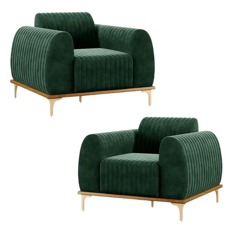 Kit 2 Poltronas Decorativas Sala de Estar Base de Madeira Euro Veludo Verde - Gran Belo