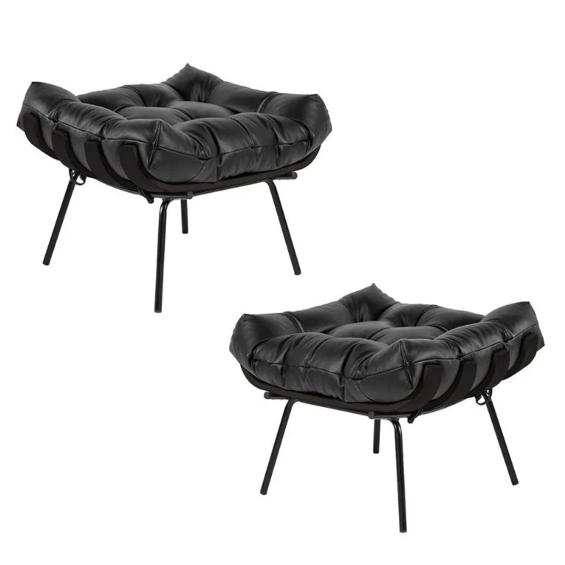 Kit 2 Puff Decorativo Sala De Estar Costela Base Preta Couro Preto - Gran Belo