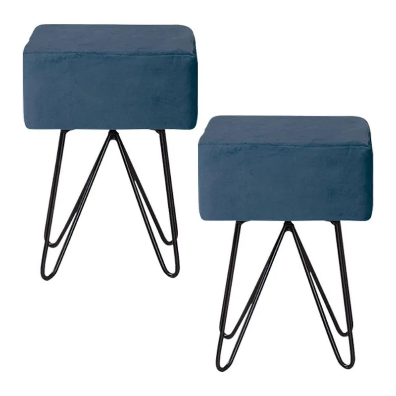 Kit 2 Puffs Decorativos Pés Aço Preto Reji Veludo Azul Marinho - Gran Belo