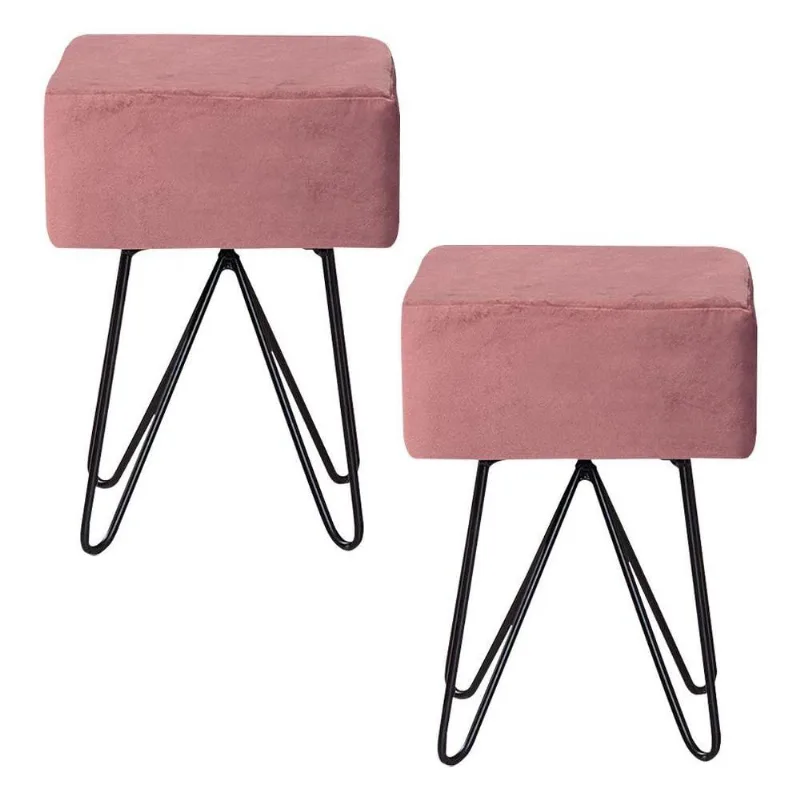Kit 2 Puffs Decorativos Pés Aço Preto Reji Veludo Rosa - Gran Belo
