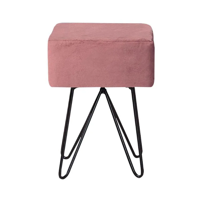 Puff Decorativo Pés Aço Preto Reji Veludo Rosa - Gran Belo