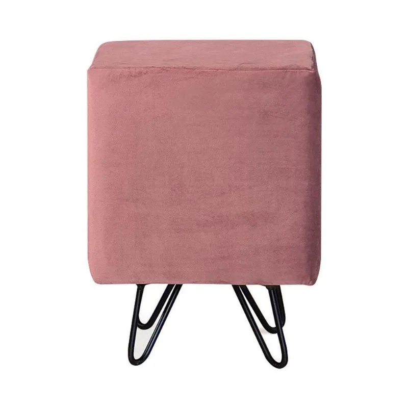Puff Decorativo Pés Aço Preto Cubo Veludo Rosa