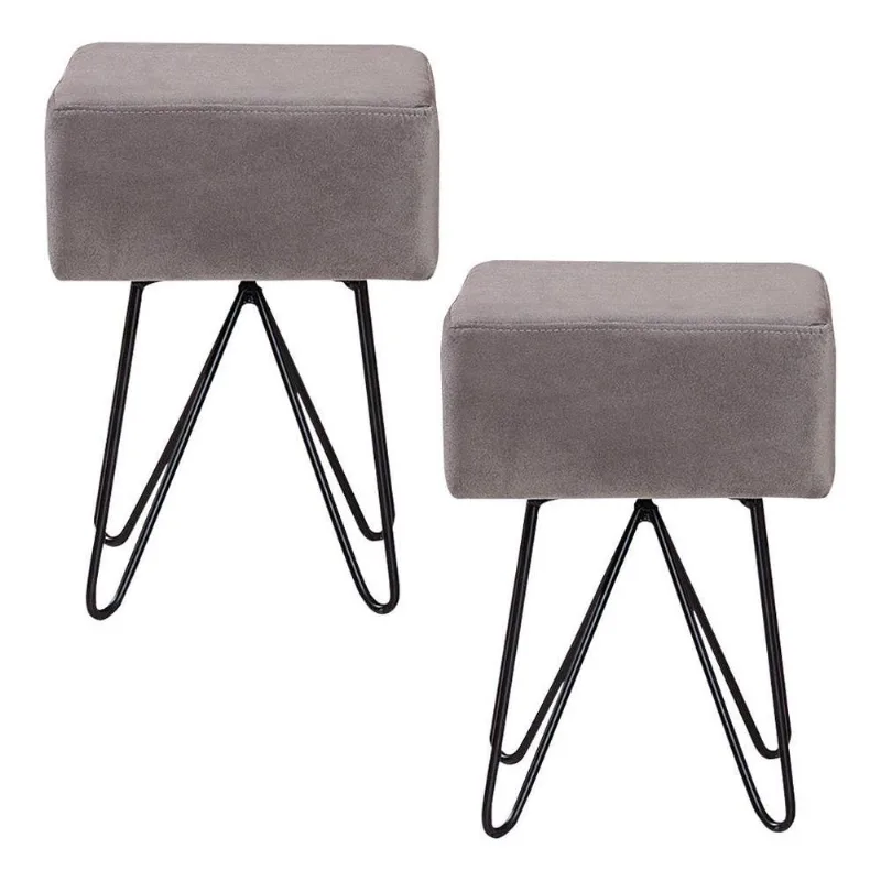 Kit 2 Puffs Decorativos Pés Aço Preto Reji Veludo Cinza - Gran Belo