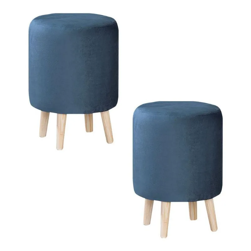 Kit 2 Puffs Decorativos Sala De Estar Pés Palito Cork Veludo Azul Marinho - Gran Belo