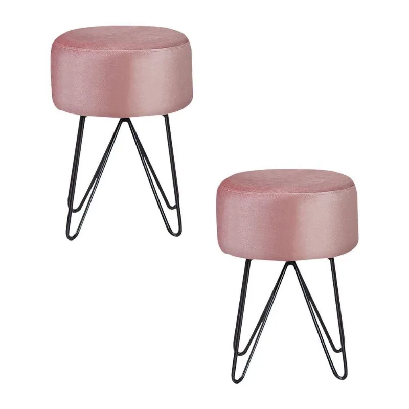 Kit 2 Puffs Decorativo Sala De Estar Pés Metal Iene Veludo Rosa - Gran Belo