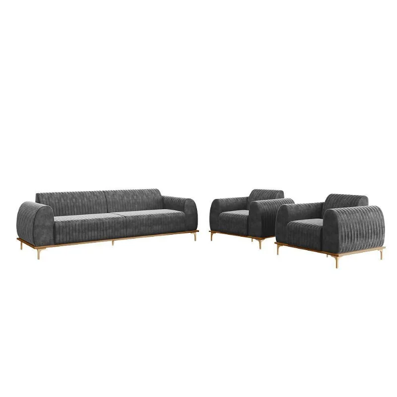 Conjunto Sofá 3 Lugares E 2 Poltronas Veludo Cinza