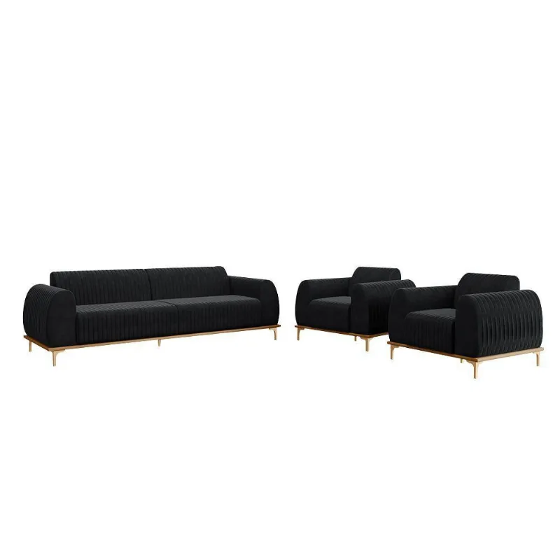 Conjunto Sofá 3 Lugares E 2 Poltronas Veludo Preto