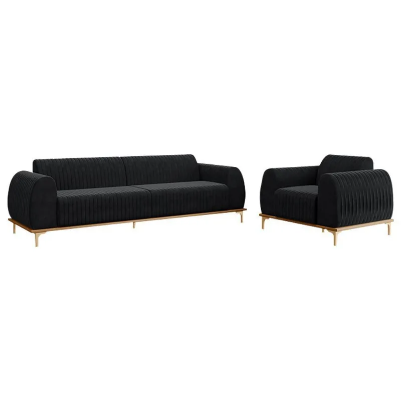 Conjunto Sofá 3 Lugares E Poltrona Veludo Preto