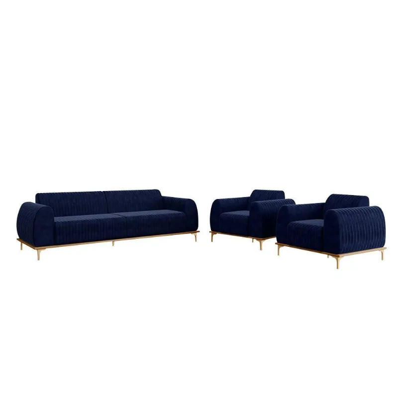 Conjunto Sofá 3 Lugares E 2 Poltronas Veludo Azul Marinho