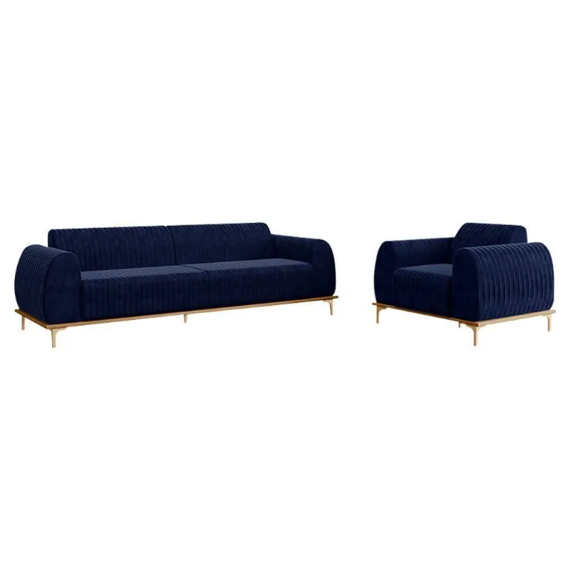 Conjunto Sofá 3 Lugares E Poltrona Veludo Azul Marinho