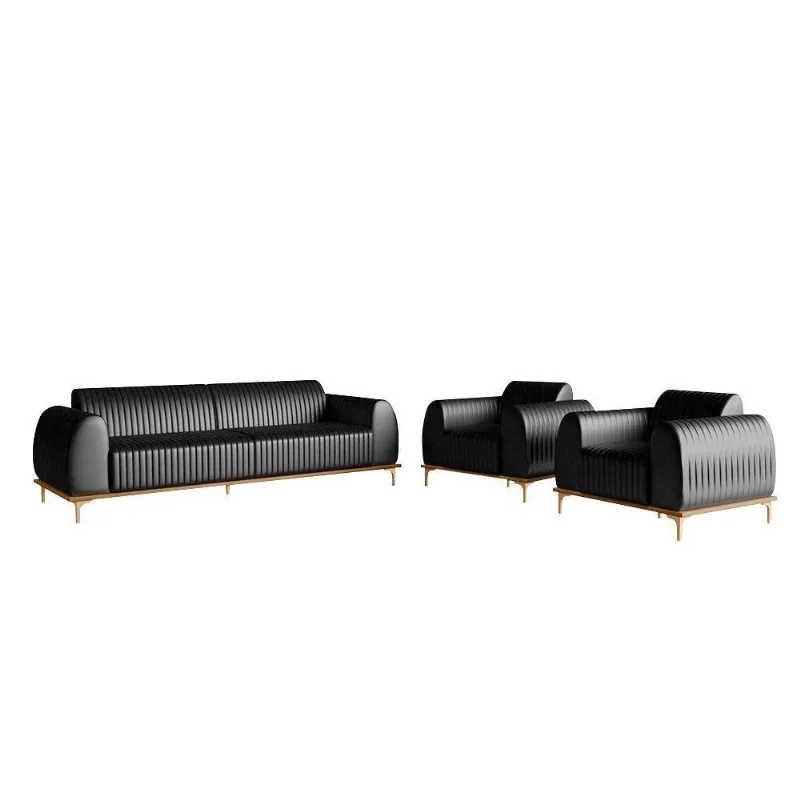 Conjunto Sofá 3 Lugares E 2 Poltronas Couro Preto