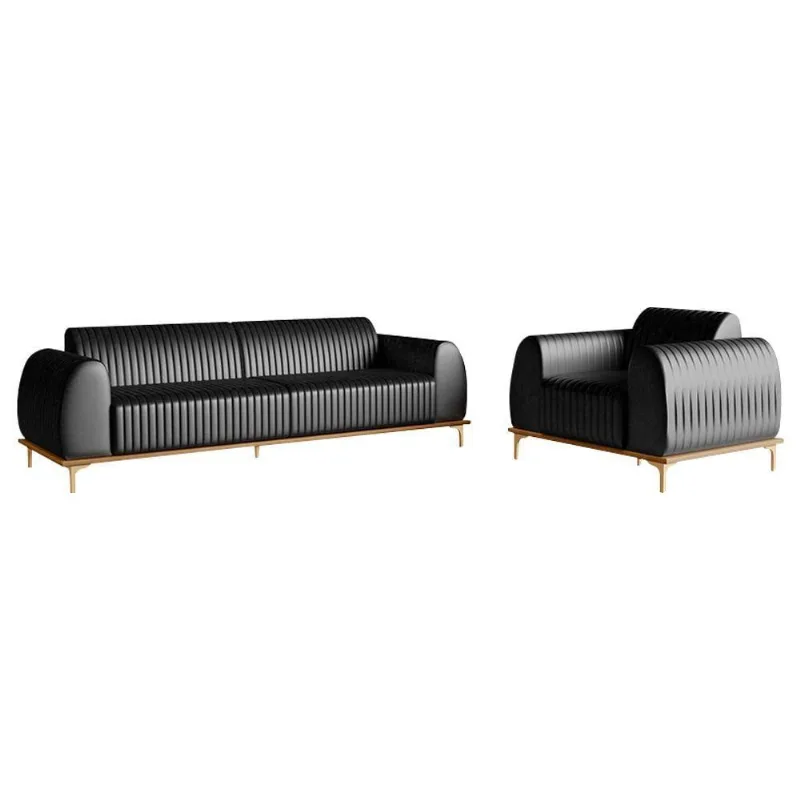 Conjunto Sofá 3 Lugares E Poltrona Couro Preto