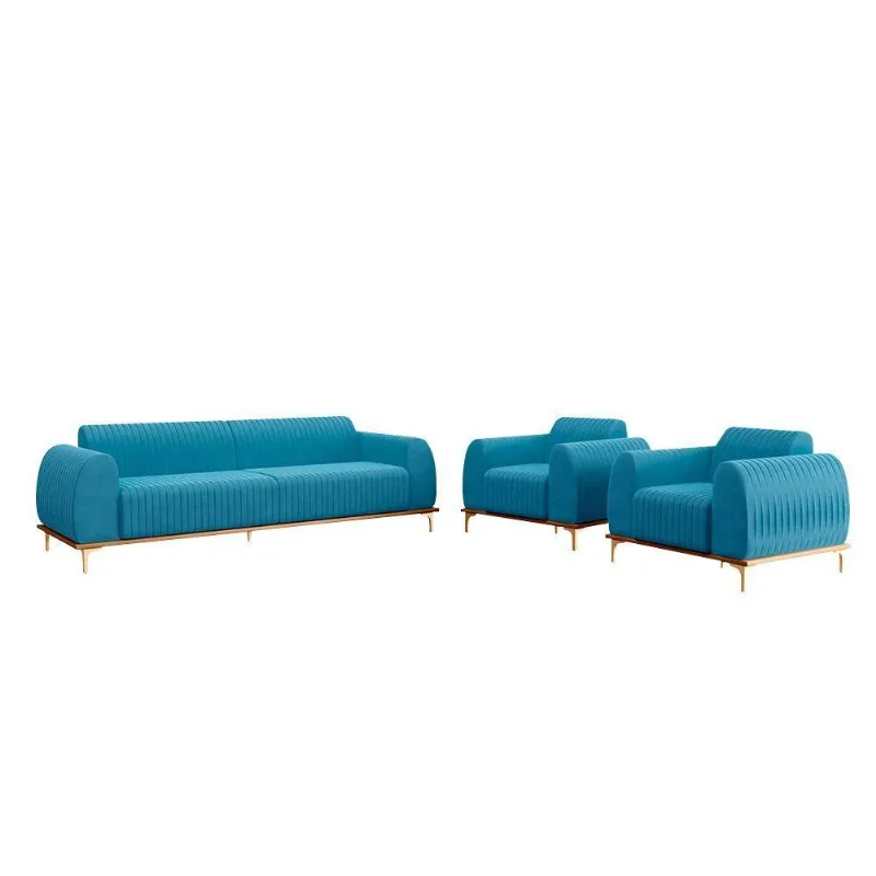 Conjunto Sofá 3 Lugares E 2 Poltronas Veludo Azul Claro