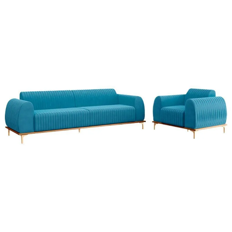 Conjunto Sofá 3 Lugares E Poltrona Veludo Azul Claro