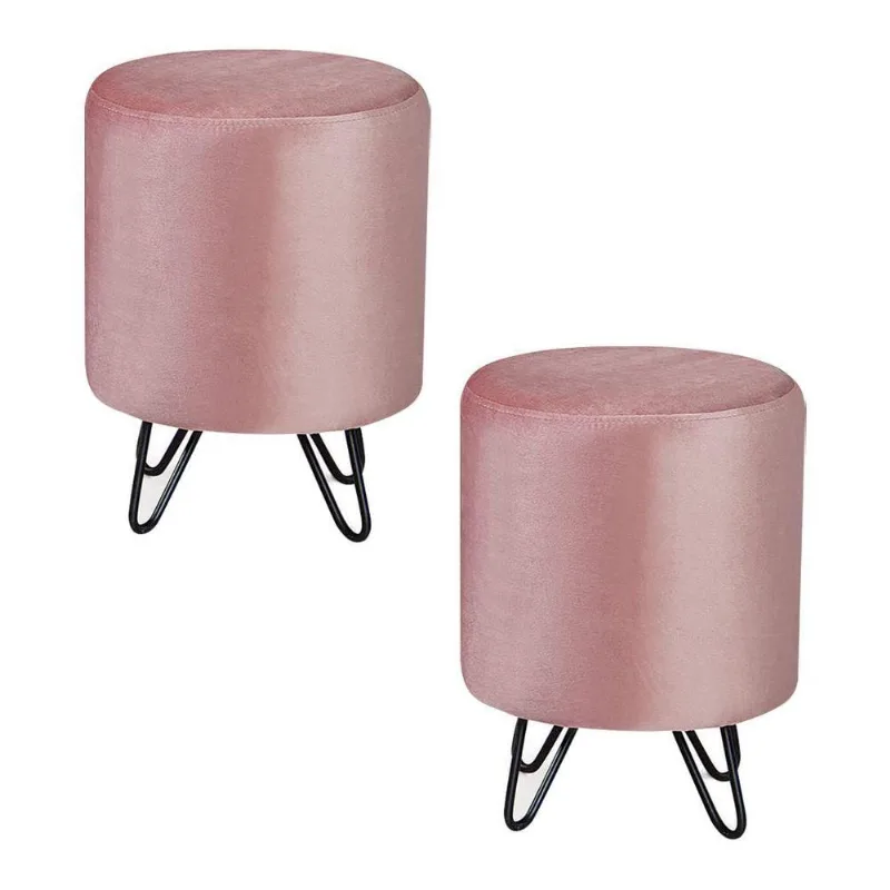 Kit 2 Puffs Decorativos Sala De Estar Pés Metal Cork Veludo Rosa