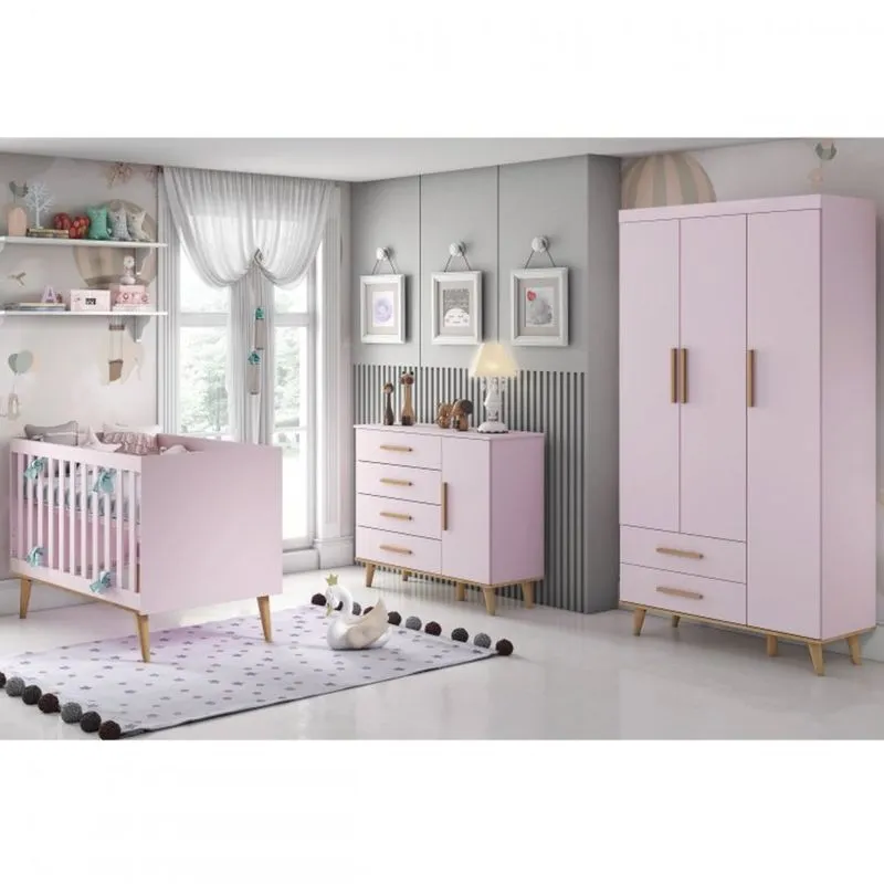 Quarto de Bebê Ludimila com Guarda Roupa 3 Portas Comoda Fraldario e Berço Carolina Baby Rosa/Betula