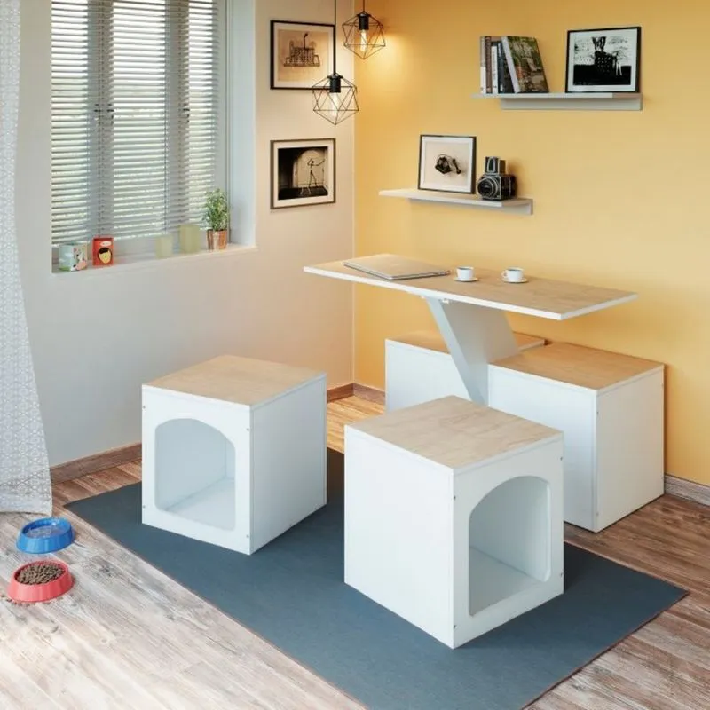 Conjunto Mesa Multiuso com 2 Bancos e 2 Cubos Pet Tamanduá MadeiraMadeira Branco/Amadeirado
