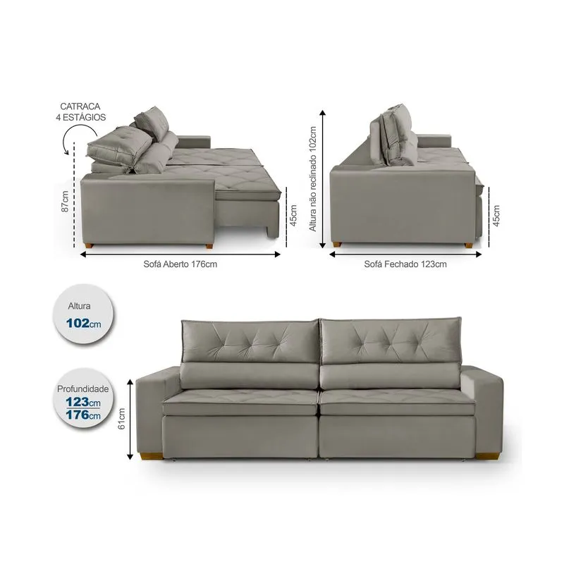 Sofá Prime 4 lugares, Retrátil, Reclinável, 2,25m com Molas Espresso Móveis Bege