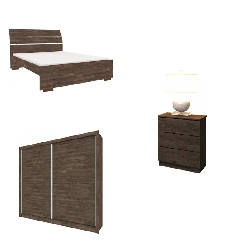 Conjunto Quarto de Casal Guarda Roupa 2 portas com Cama e Mesa de Cabeceira Tcil Móveis Cumaru