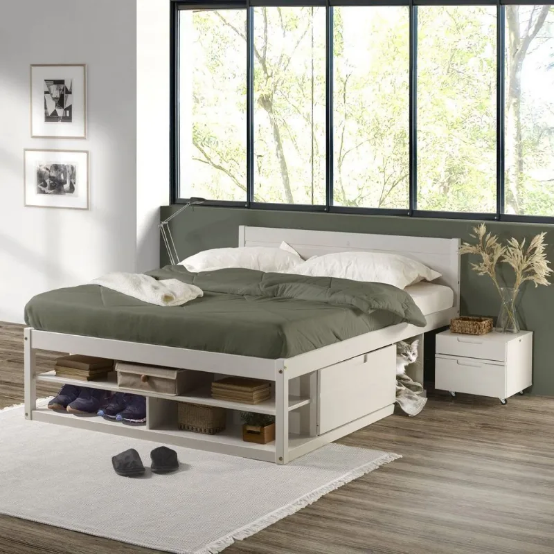 Cama Casal Multifuncional Madeira Maciça Irara CabeCasa MadeiraOriginals Branco/Lavado Branco Lavado