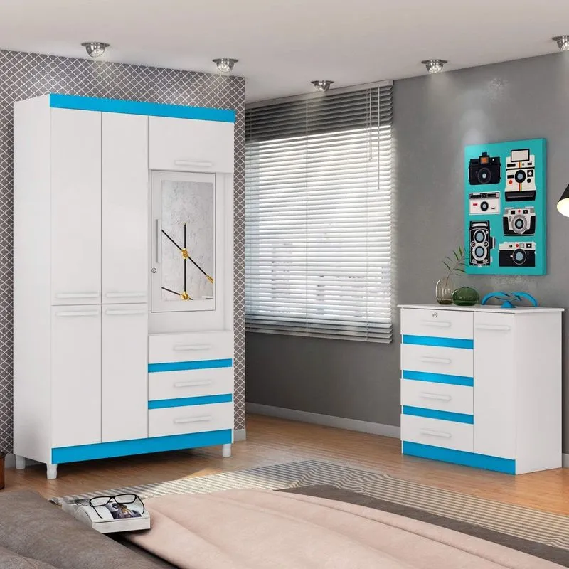 Guarda Roupa Solteiro 6 Portas 3 Gavetas Fusion e Cômoda 4 Gavetas Grécia Flex Color Albatroz Móveis