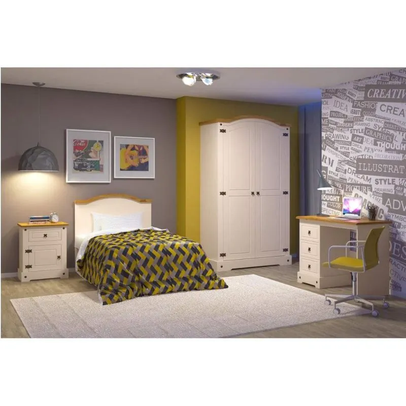 Quarto de Solteiro Completo com Guarda Roupa, Escrivaninha, Mesa de Cabeceira e Cabeceira Smile Móveis Serpil Creme/Carvalho