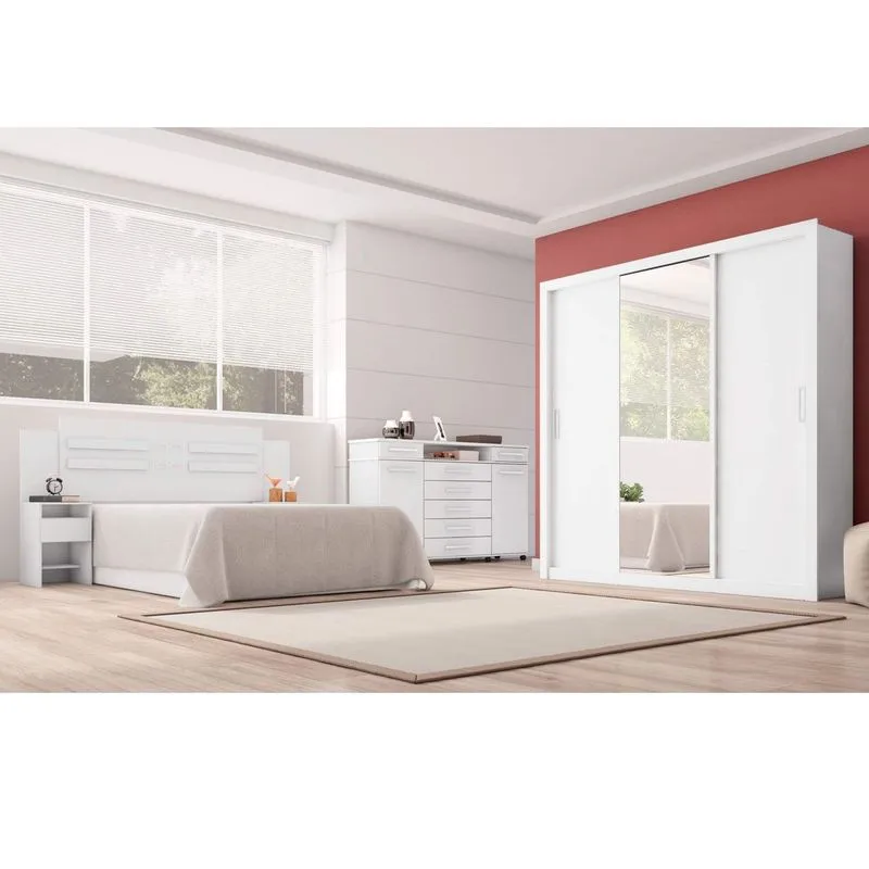 Quarto de Casal Completo com Guarda Roupa com Espelho 3 Portas, Cômoda e Cabeceira Siena Móveis