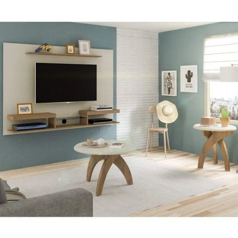 Sala De Estar Completa Com Painel, Mesa De Centro E Apoio Drancy Artely Off White/pinho