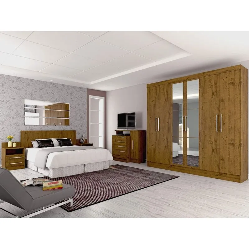 Quarto Casal Completo Gênova com Guarda Roupa, Cômoda e Cabeceira com Criado Atualle Móveis Canelato Rústico