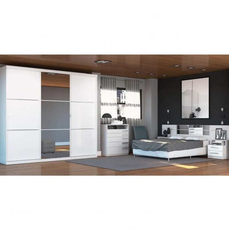 Quarto de Casal com Guarda Roupa com Espelho, Cômoda e Cabeceira com Mesa de Cabeceira Kappesberg Branco